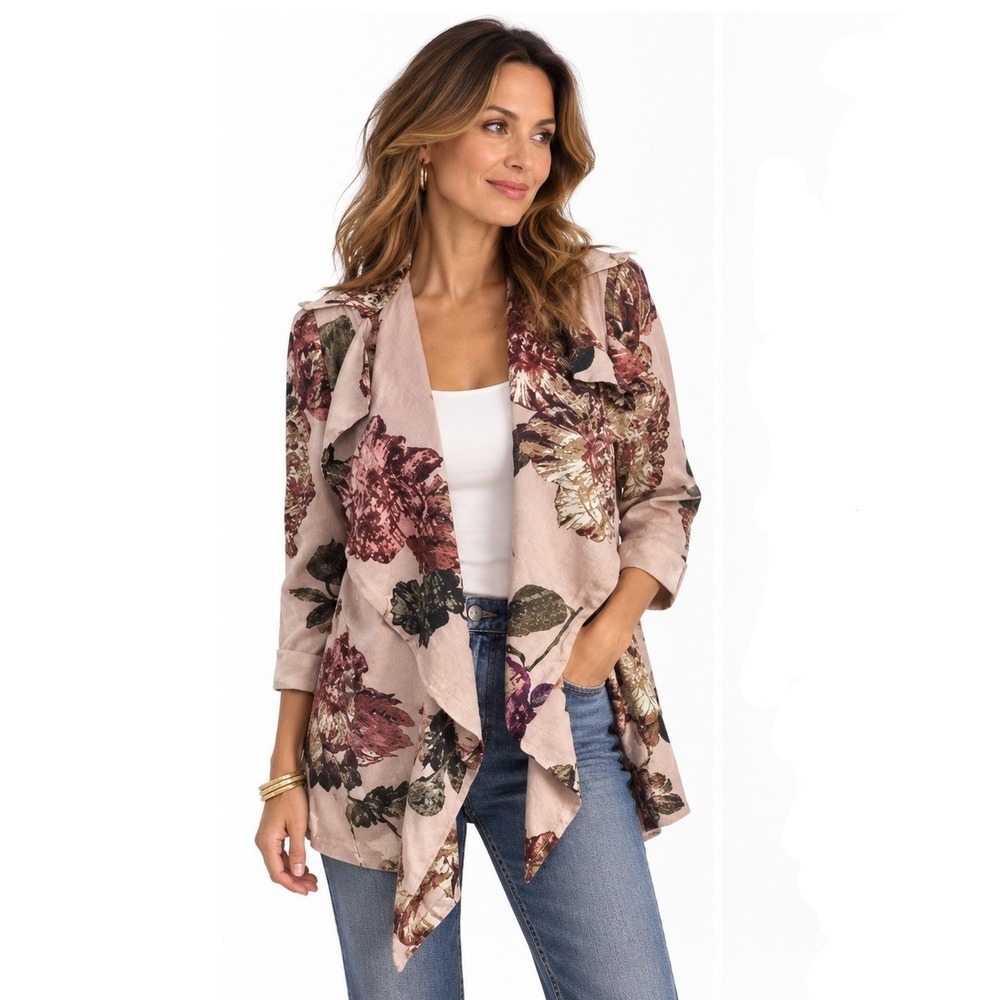 Chico's Floral Drape Blazer Open Front Blush Pink Romantic Feminine Women Size 0